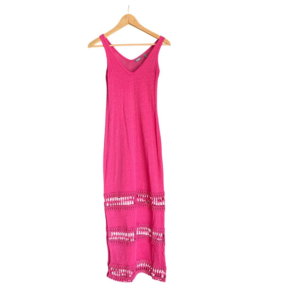 Neiman Marcus Pink Linen Crochet Knit Cutout Maxi Dress Coverup Sz XS Vacation